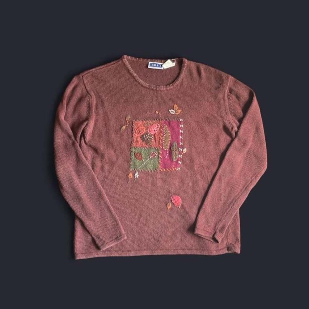 Vintage 90s Grandma Sweater Knit Womens Medium Autumn Embroidered Brown